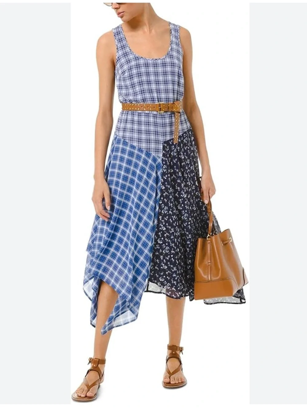 Michael Kors Blue Patchwork handkerchief chambray  Asymmetrical Tank belt Dress